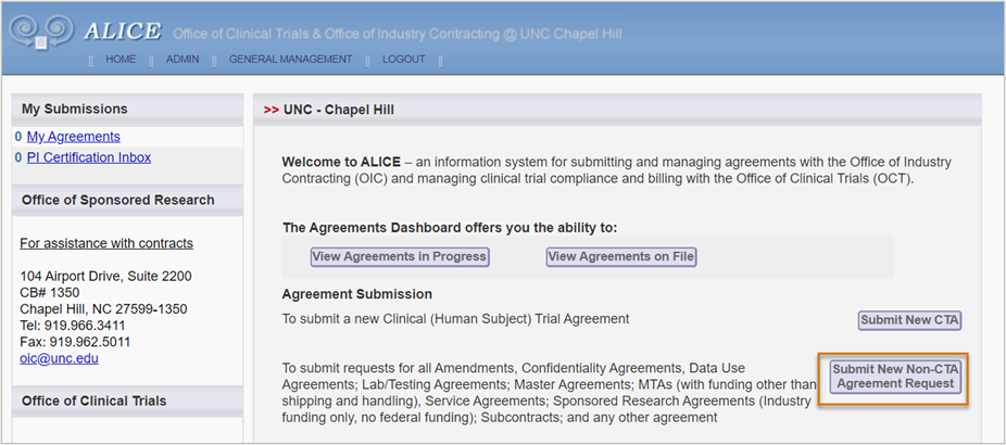 Screenshot of the ALICE home screen with the Submit New Non-CTA Agreement Request Button outlined.