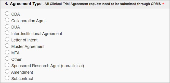 Screenshot of the Agreement Type panel.