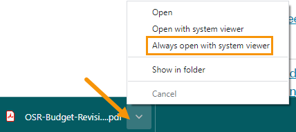 Screenshot demonstrating how to set Chrome to always open PDFs with the system viewer.