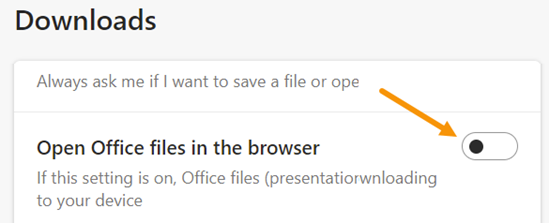 Screenshot demonstrating how to set make sure that Edge does not open office files in the browser.