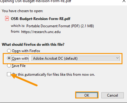 Screenshot demonstrating how to set Firefox to always open PDFs with the system viewer.