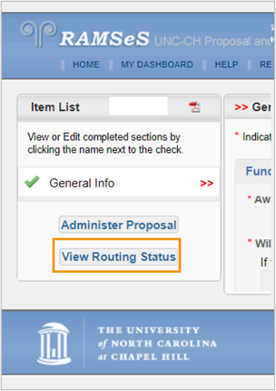 Screenshot of the Proposal Routing screen, with the View Routing Status button in a border.
