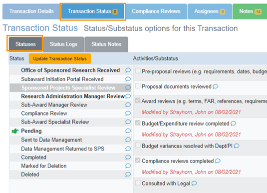 Image of RAM Tracker Transaction Status screen
