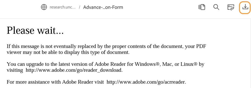 Adobe error message indicating the need to wait for the PDF to load