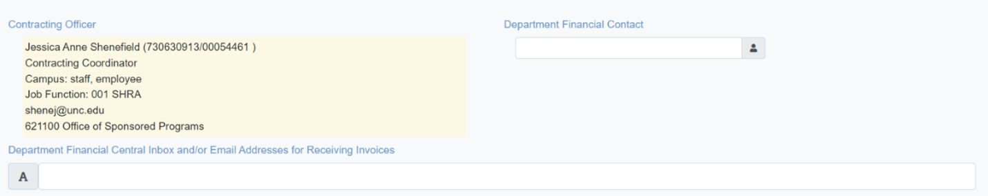 Screenshot of customer service form with section for Department Financial Contact(s) for project invoices.