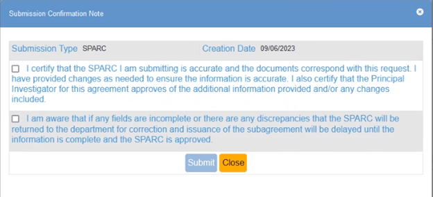 Certification Form pops up post submission for department review and further action.