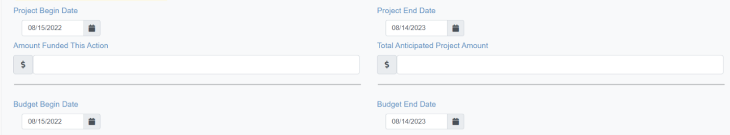 Screenshot of the project and budget begin and end datesScreenshot of the project and budget begin and end dates