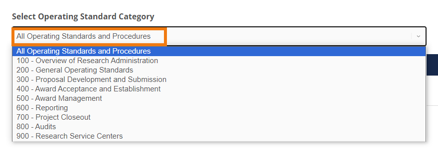 Example of the expanded dropdown menu for operating standards and procedures